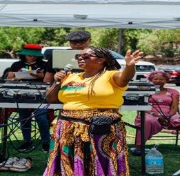 La Shaun Aaron speaking at a Juneteenth community event in Thousand Oaks